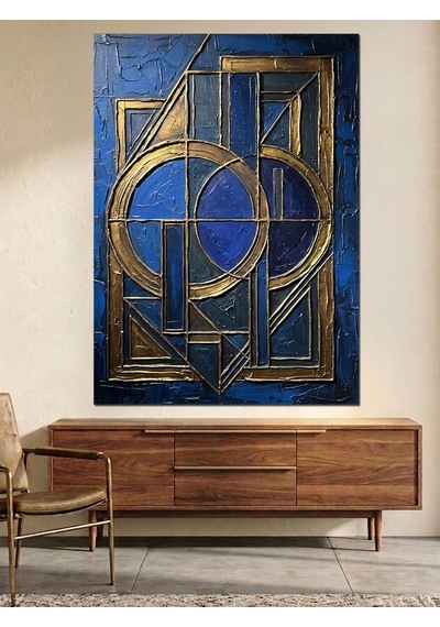 Mavi Altın Art Deco Geometrik Çerçeve Dekoratif Kanvas - Mdf Ahşap Tablo Çok Renkli