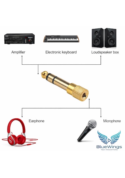 Blue Wings 6.35mm 3.5mm Jack Dönüştürücü Adaptör Altın Kaplama Amfi, Mikrofon, Kulaklık Uyumlu 5 Adet
