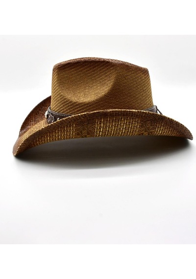 Külah Deri Şeritli Zımbalı Hasır Şapka Premium Classic Western Festival Beach Rave Hat - Standart Taba
