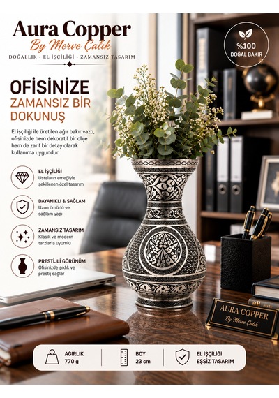 Aura Copper Dekoratif Bakır Vazo 23 Cm Ağır El İşlemeli El Yapımı Obje Çiçeklik Vz-00002