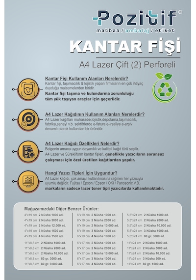 Pozitif Form A4 Lazer Kantar Fişi , 80 Gr , 2000 Adet , Çift Perforeli 1.hamur