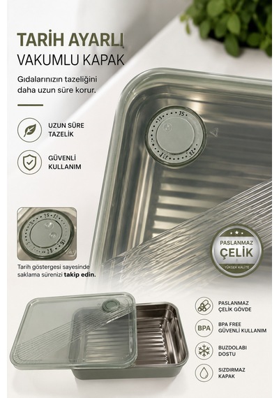 Paslanmaz Çelik Vakumlu 3 Lü Set Saklama Kabı,fırın Ve Kek Kabı 1900 Ml -3000 Ml-4000 Ml Tarih Ayarlı Yeşil - 896114046 Yeşil