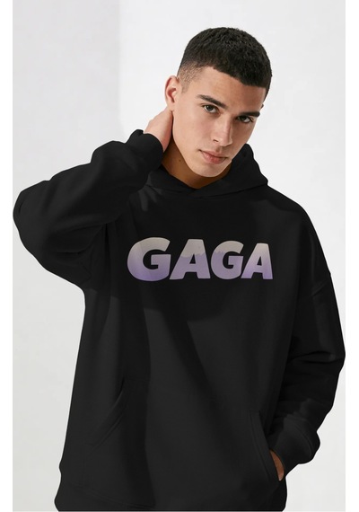 Sevbano Tasarım Lady Gaga Şarkıcı Sırt Baskılı Unisex Oversize Penye Hood Siyah