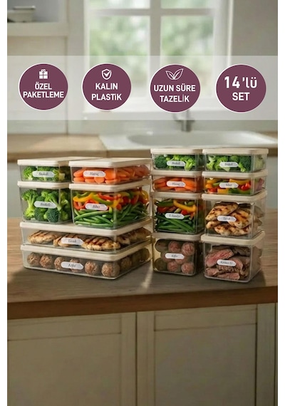 14'lü Set Nora Organizer Buzdolabı Buzluk Düzenleyici Saklama Kabı Ekru