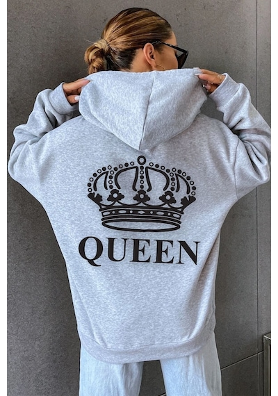 Uyguntarz Unisex Quenn Sırt Baskılı Sweatshirt Gri