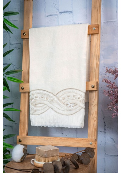%100 Pamuk Fiyonk Güpürlü Çeyizlik Havlu 50x90 - Krem