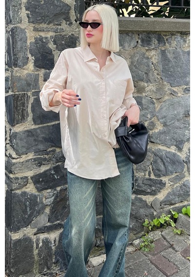 Madmext Bej Oversize Basic Cepli Poplin Gömlek Mg1530 Bej