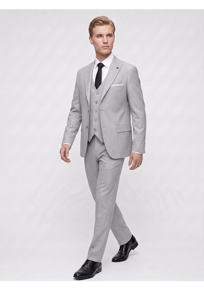 Tk6896 Erkek 3 Parça Slim Fit Çift Yırtmaçlı Takım Elbise Yelekli Şık Klasik Takım 6 Drop Açık Gri