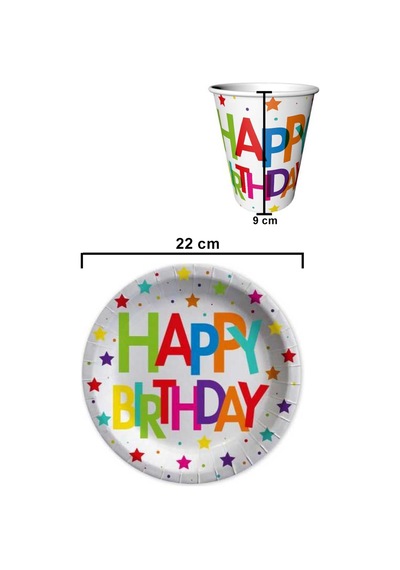 Çok Renkli Happy Birthday 8'li Karton Bardak Tabak Set Tüm Yaşlar