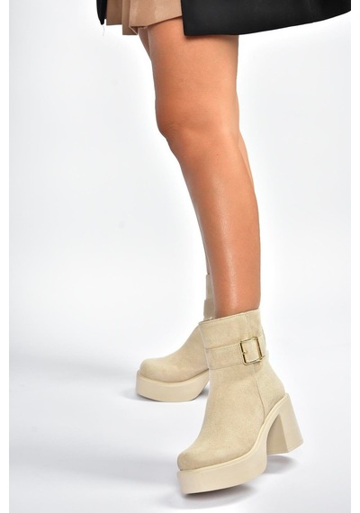 Fox Shoes V726446602 Bej Süet Kalın Topuklu Kadın Bot Bej-süet