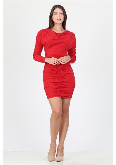 Neşeli Butik Kadın Kırmızı Uzun Kol Önü Büzgülü Mini Kalem Elbise Shnz26 Kırmızı