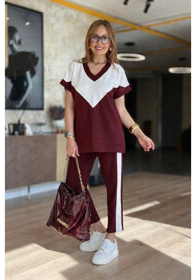 Alyn Wear Kadın Kısa Kollu V Yakalı Çift Renkli Viskon Iki Iplik Ikili Bluz Ve Pantolon Takım Bordo Alyn Wear Kadın Kısa Kollu V Yakalı Çift Renkli Viskon Iki Iplik Ikili Bluz Ve Pantolon Takım Bordo