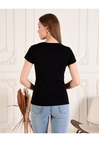 Kadın Siyah V Yaka Kısa Kol Tshirt Siyah