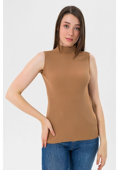 Miss Poem Kadın Boğazlı Balıkçı Yaka Kolsuz Basic Camel Triko Bluz Camel