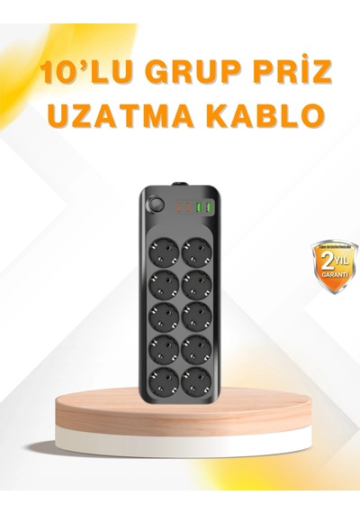 Mey İthalat 10 Lu Çoklu Priz Termal Korumalı Usb Type-c Çıkışlı 2500w Uzatma Kablosu 0-2