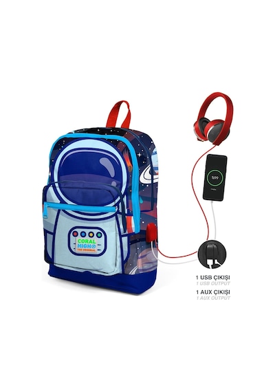 Coral High Okul Çantası Ve Termal Beslenme Çanta Seti - Erkek Çocuk Mavi Astronot Usb Ve Aux Çıkışlı
