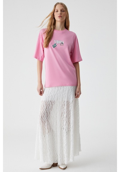 Grımelange CAITLYN Kadın Oversize Bisiklet Yaka Pembe T-Shirt