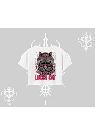 Tarzsokak Lucky Cat Japon Tarzı Kedi Baskılı Oversize Crop Tshirt Beyaz