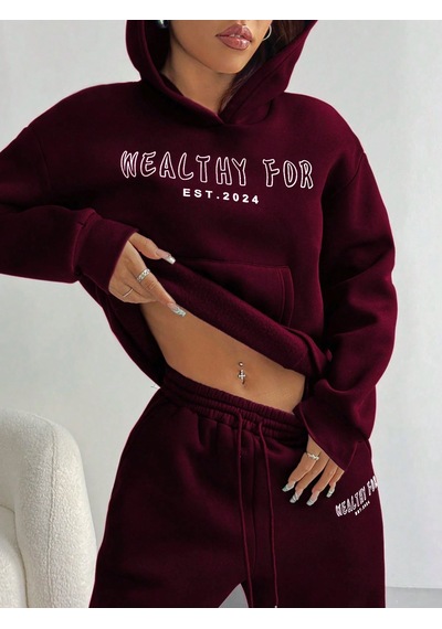 Macklin Unisex Kadın Erkek Healty For Baskılı Oversize 3 İplik Kapüşonlu Sweatshirt Ve Baggy Eşofman Altı Bordo