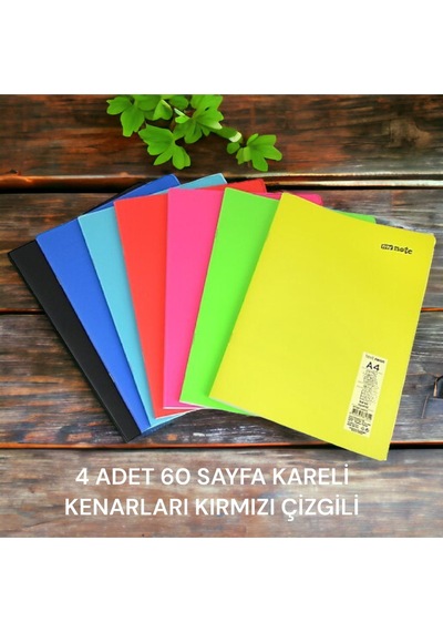 4 Adet A4 60 Yaprak Kareli Dikişli Neon Renkler Plastik Kapak Defter 60gr Beyaz Sayfa Karma Renk Çok Renkli