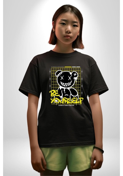 Kendin Ol Pamuklu Bisiklet Yaka Unisex Oversize Boyfriend Dijital Baskılı Siyah T-shirt Siyah
