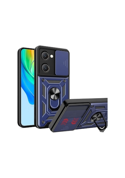 Vivo Y18e Uyumlu Tank Kılıf - Yüzüklü Standlı Extra Darbe Koruma Zırhlı Outdoor Kapak Lacivert
