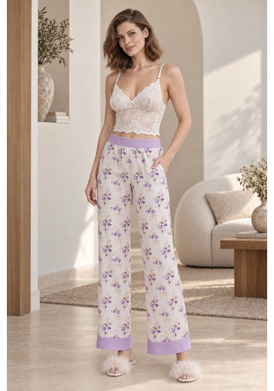 Loule Kadın Lila Dantel Braletli Sabahlıklı Saten Pijama Takımı