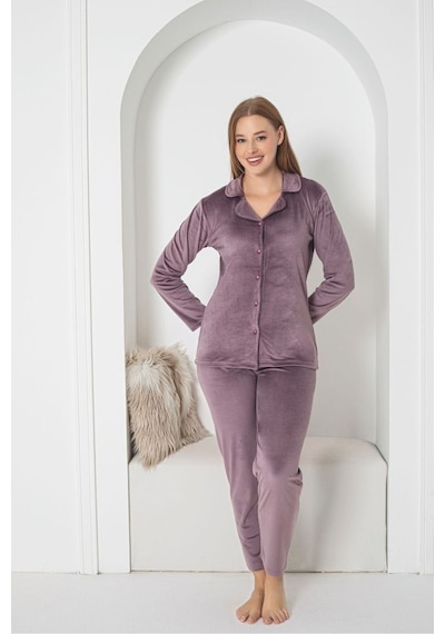 Kırmızı Renk Boydan Düğmeli Kadın Kadife Pijama Takımı Lila