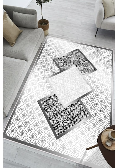 Modern Desenli Baskılı Kaymaz Yıkanabilir Salon Oturma Odası Mutfak Antre Hol Halısı Yolluk gri