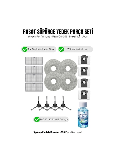 Dreame L10s Pro Ultra Head İle Uyumlu 4 Yan Fırça 4 Filtre 4 Mop 1 Deterjan 4 Toz Torbası 6.0