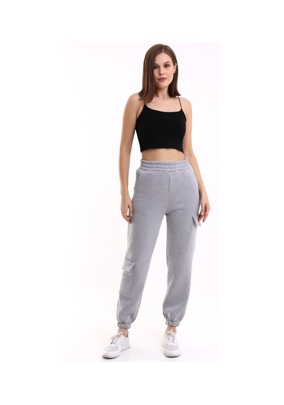 Winmoda34 Kadın Jogger Kalın 3 İplik Yandan Cepli Kargo Eşofman Altı Kar-gri