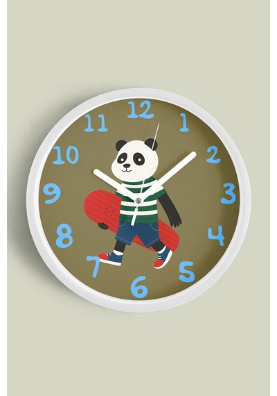 Güneş Gözlüklü Kaykay Yapan Sevimli Panda Çocuk Odası Modern Duvar Saati - 25cm - Önü Camlı-jh0216 Beyaz