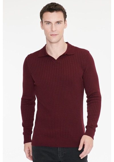 Ac&Co / Altınyıldız Classics Erkek Bordo Standart Fit Normal Kesim Polo Yaka Jakarlı Triko Kazak