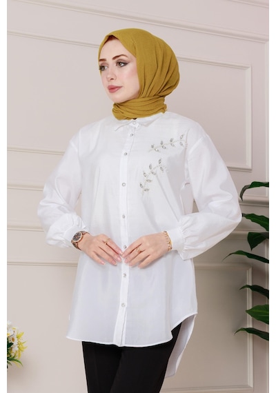 Sevitli Önü İnci Taş İşlemeli Tunik-beyaz-4795 Beyaz