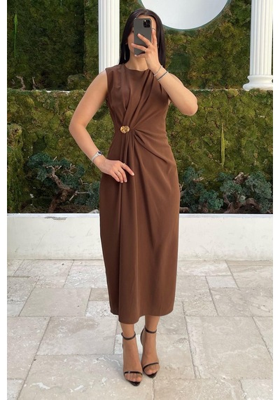 Madmext Kahverengi Bronşlu Midi Boy Kadın Elbise Mg2418 Kahverengi