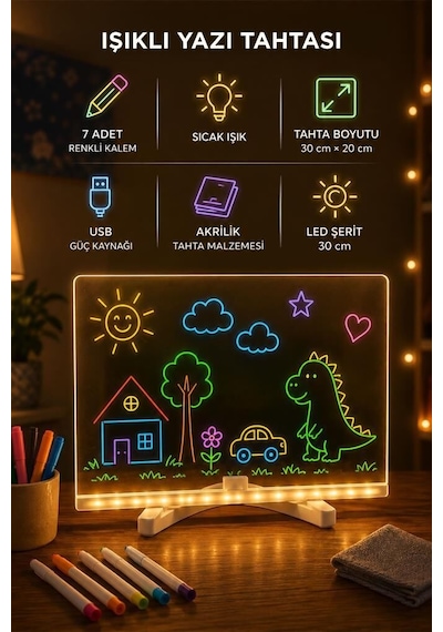 Işıklı Çizim Boyama Tahtası 7 Adet Kalem Hediyeli Neon Işıklı Eğitici Tahta