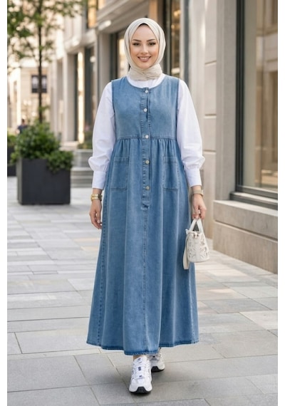 Hb Harma Time Butik Kadın Düğmeli Cepli Kot Mavi Jile Mavi Mavi