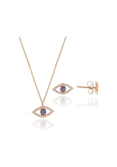 Gümüş Rose Zirkon Taşlı Safir Göz Kolye Ve Küpe Gümüş Ikili Set
