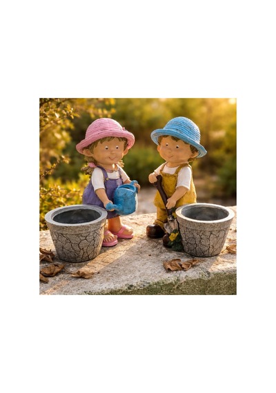 Sevimli Çocuklar Saksı Biblo Seti Deniz Temalı Dekoratif Çiçeklik & Balkon Bahçe Süsü Polyester