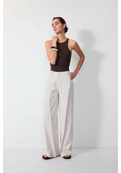 Vatkalı Pileli Wide Leg Pantolon-16649 Taş