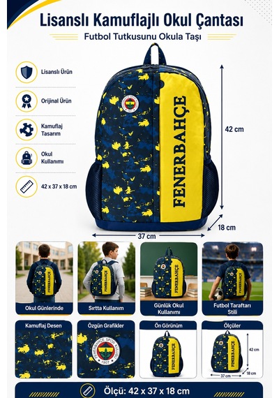 Fenerbahçe Lisanslı Orijinal Kamuflajlı Futbol Takımı Okul Çantası Sırt Çantası 42x37x18 Cm Çok Renkli