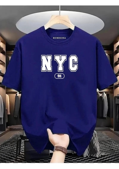 Nyc Baskılı Oversize Tişört Saks Mavisi