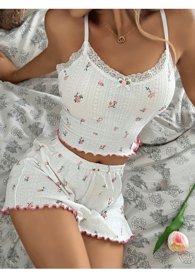 Fantezia Kadın Çiçek Desenli Dantel Askılı Şortlu Pijama Takımı 5235 Beyaz Fantezia Kadın Çiçek Desenli Dantel Askılı Şortlu Pijama Takımı 5235 Beyaz