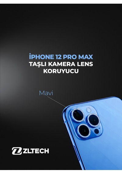 İphone 12 Pro Max Uyumlu Taşlı Kamera Lens Koruyucu Mavi