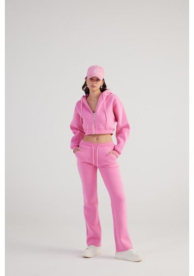 Holly Lolly Kadın Pembe Kapüşonlu Uzun Kol Fermuarlı Crop Mixed Sweat