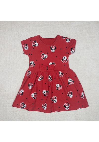 Momikon Minnie Mouse Desenli Fiyonk Detaylı Pamuklu Kız Çocuk Elbise Kırmızı