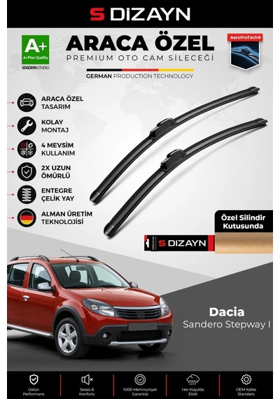 S-dizayn Dacia Sandero Stepway Bs Ön Cam Silecek Seti 2009-2012 Premium Araca Özel 50-50 Cm A+ Kalit