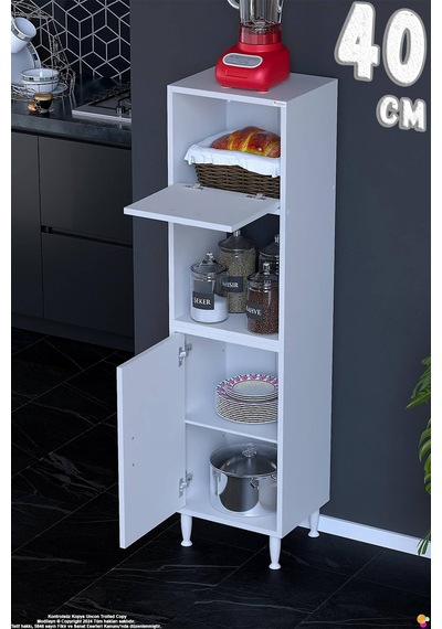Rona 40 Cm Tek Kapaklı Mutfak Kiler Dolabı Raflı Çok Amaçlı Dolap Banyo Dolabı 40x150x32 Cm Beyaz