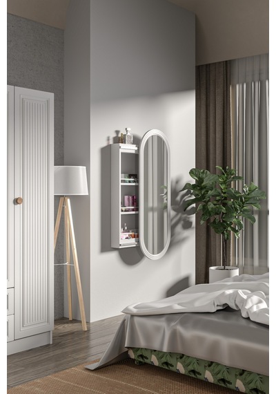Çok Amaçlı Aynalı Takı Dolabı Mdf Kapak - Beyaz - Oval Çerçeve