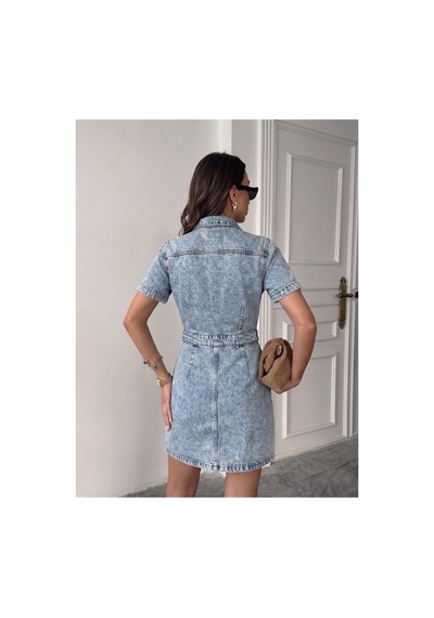 Bluemarlin Buz Kar Ön Arka Pileli Düğme Kapamalı Kot/denim Elbise Buz Kar